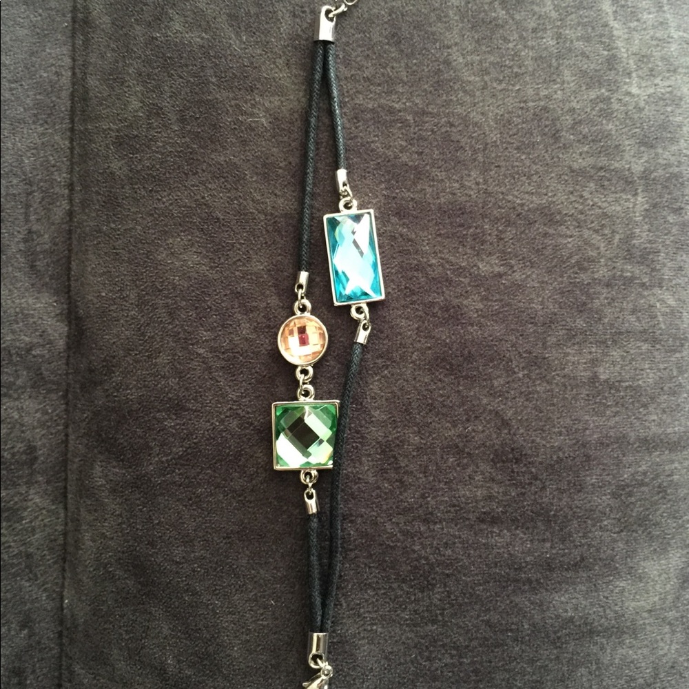 3 gem bracelet, blue, green & pink with black band